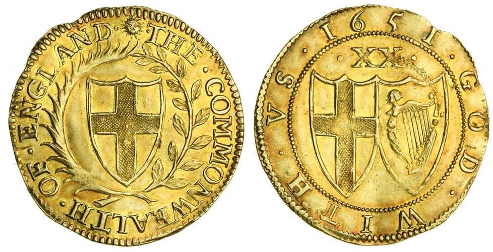 A 1651 Commonwealth of England gold unite of 20 Shillings, with English shield within laurel and palm branch, legends in English, and conjoined English and Irish shields on the reverse