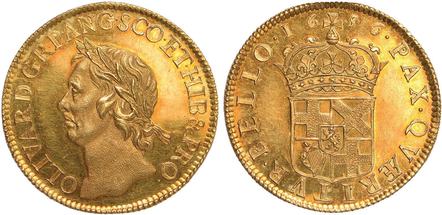 A 1656 Oliver Cromwell gold broad of 20 shillings, laureate head left, crowned quartered shield of arms of the Protectorate on the reverse