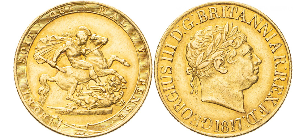 An 1817 gold sovereign showing George III laureate head facing right and St George and the Dragon on the reverse