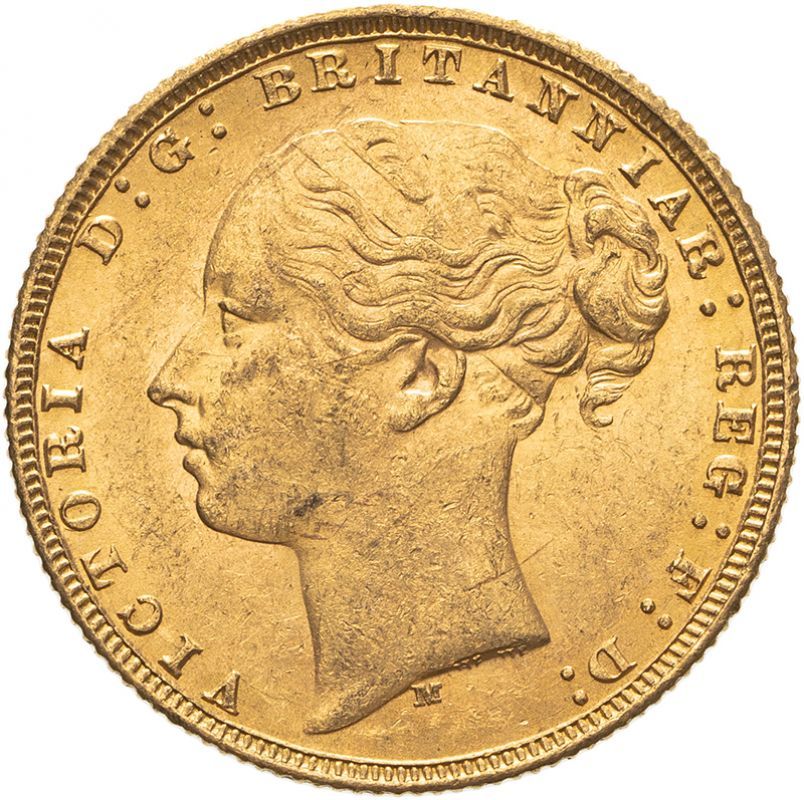 An 1877 Melbourne Mint gold sovereign showing the young head of Victoria and St George and the Dragon on the reverse. Sold for £450 in August 2020