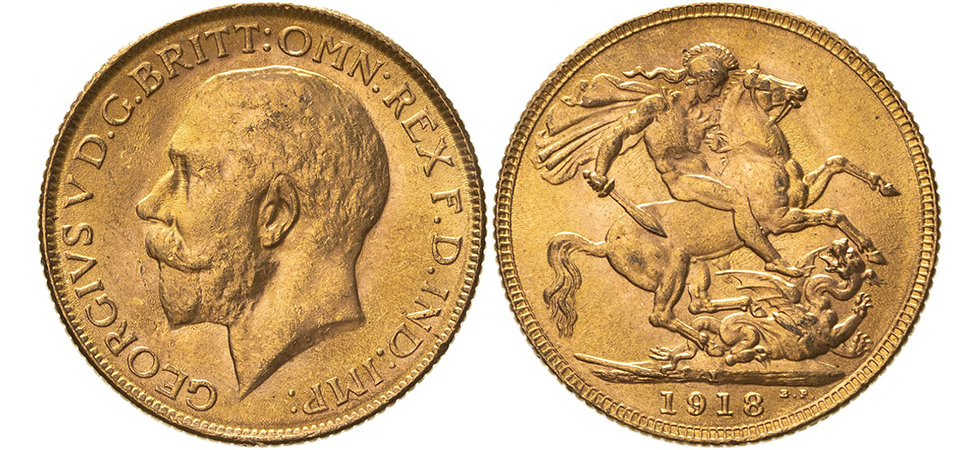 An 1918 George V Bombay Mint gold sovereign, with St George and the Dragon on the reverse