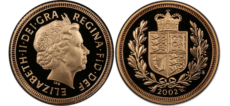 A 2002 gold sovereign proof showing the Ian Rank-Broadley portrait of Elizabeth II facing right and the shield of the Royal Arms designed by Timothy Noad on the reverse