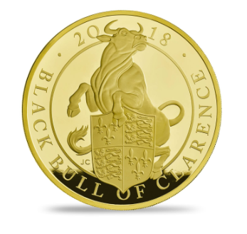 2018 The Black Bull of Clarence kilo gold proof £1,000 coin by Jody Clark, with portrait bust of Elizabeth II facing right by Jody Clark on obverse