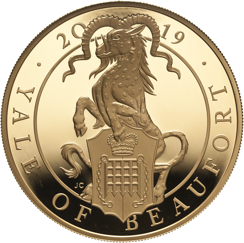 2019 Yale of Beaufort five ounce gold proof £500 coin by Jody Clark, portrait bust of Elizabeth II facing right by Jody Clark on obverse