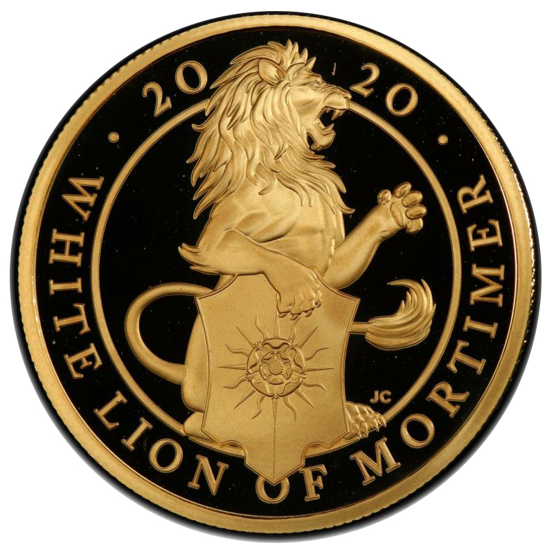 2020 White Lion of Mortimer five ounce gold proof £500 coin by Jody Clark, portrait bust of Elizabeth II facing right by Jody Clark on obverse