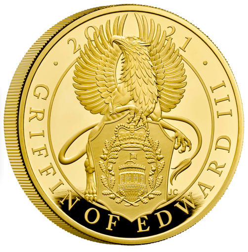 2021 Griffin of Edward III five-ounce gold proof coin by Jody Clark, portrait bust of Elizabeth II facing right by Jody Clark on obverse
