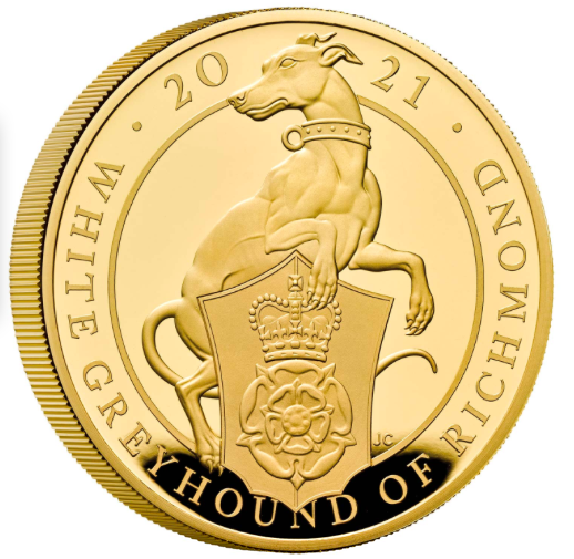 2021 White Greyhound of Richmond five ounce gold proof £500 coin by Jody Clark, portrait bust of Elizabeth II facing right by Jody Clark on obverse