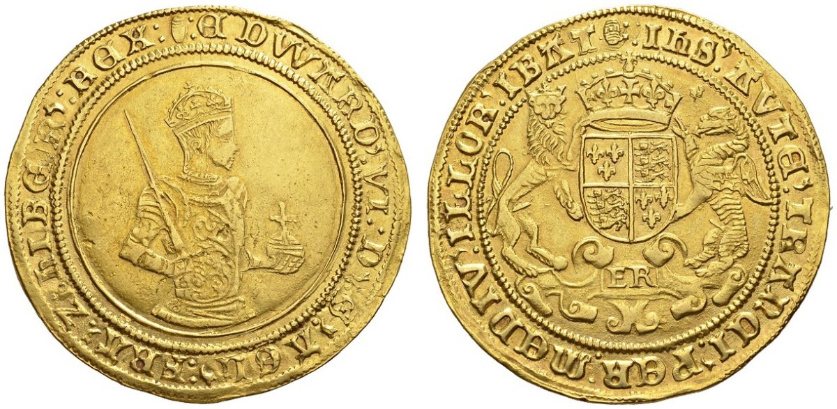 An Edward VI gold sovereign of 20 shillings, with half-length portrait facing right and crowned quartered shield of arms on the reverse