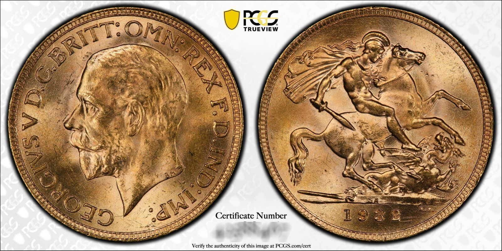 A 1932 George V South African sovereign gold coin showing George V facing left and St George and the Dragon on the reverse