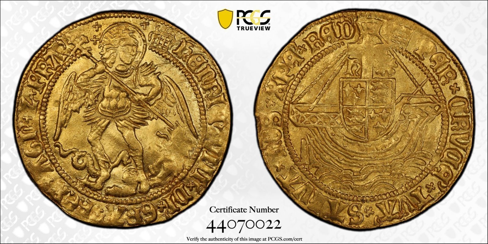 Lot 6: ND (1509-1526) Gold Angel Equal-finest PCGS MS63 #44070022
