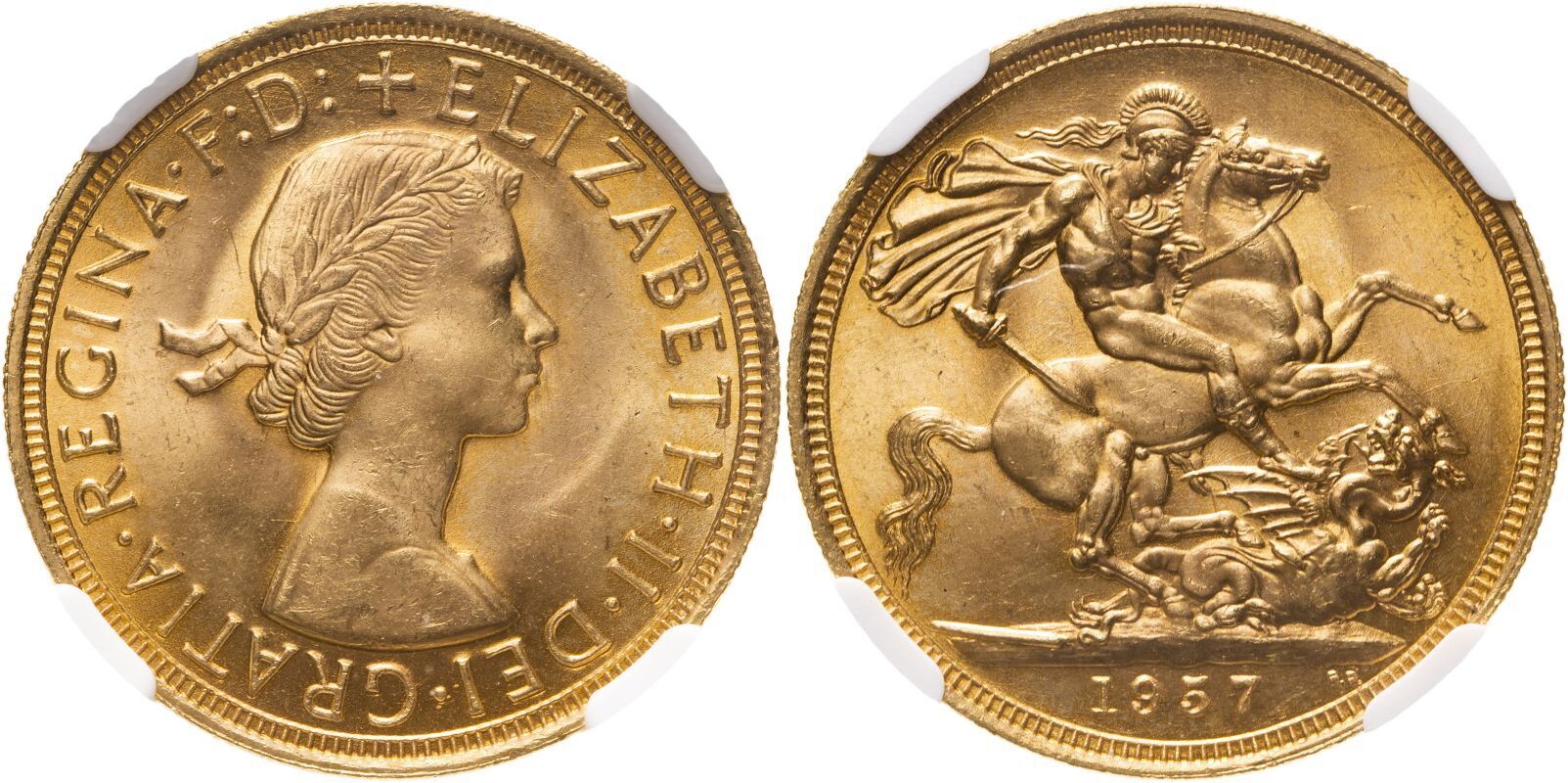Lot 78 | United Kingdom Elizabeth II 1957 Gold Sovereign Equal-finest NGC MS 66 #5787908-004 (AGW=0.2355 oz.)