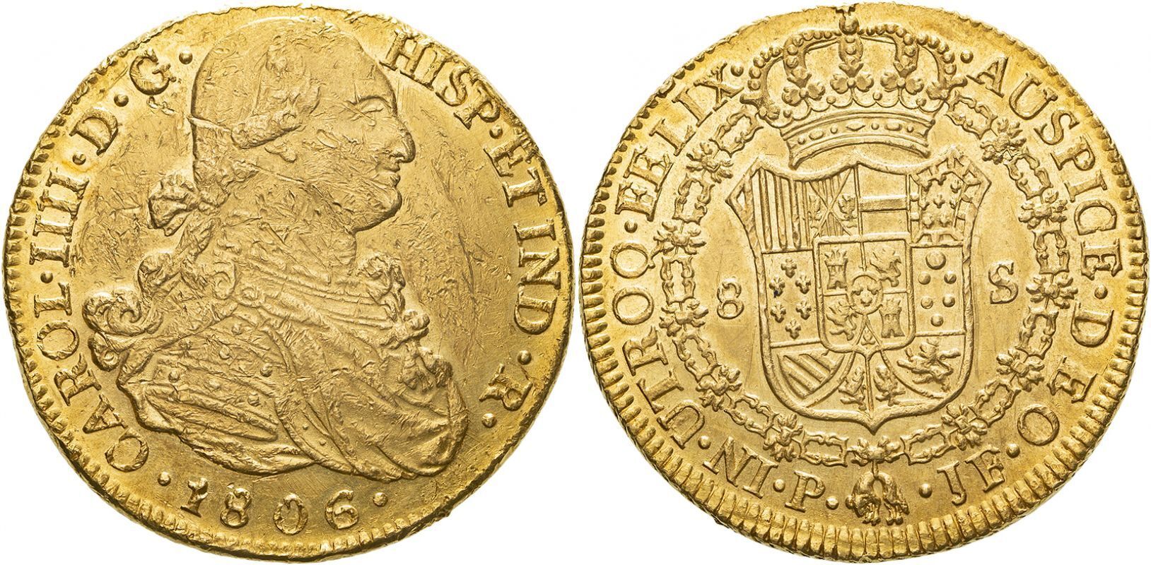 Lot 14: Colombia Charles IV 1806 P-JF Gold 8 Escudos About extremely fine (AGW=0.7616 oz.)
