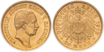 Germany, Saxony, Friedrich August III, 1913-E 20 Marks, Muldenhütten Mint
